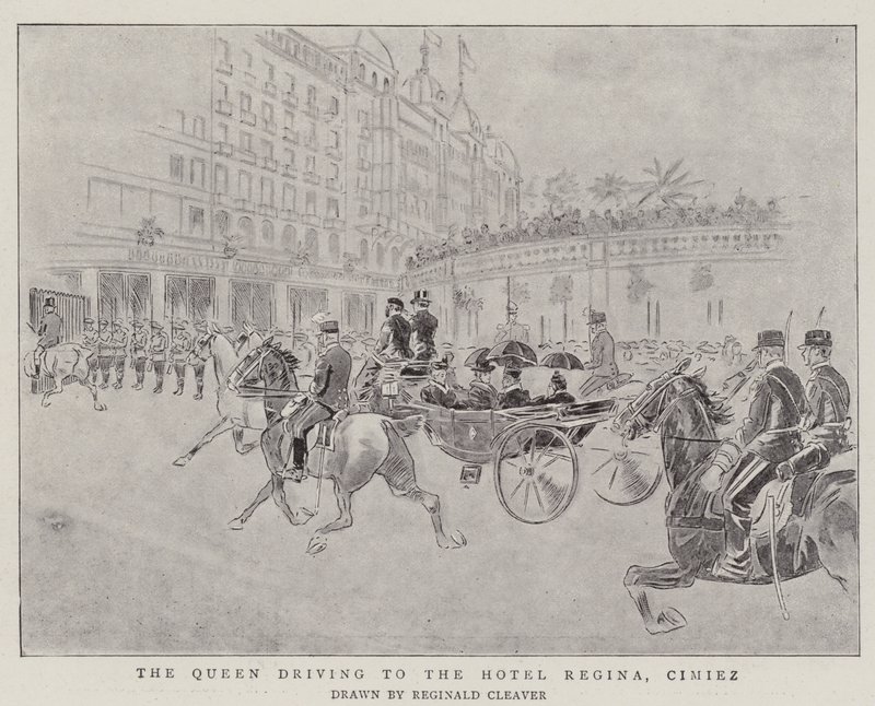 Królowa jadąca do hotelu Regina, Cimiez (grawerunek) autorstwa Reginald Thomas Cleaver