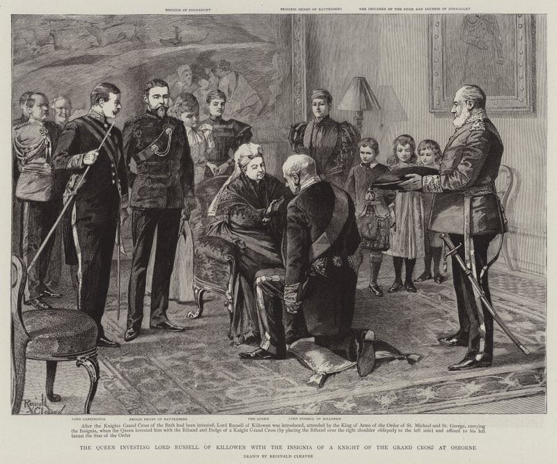 Królowa inwestująca Lorda Russella z Killowen z insygniami Rycerza Wielkiego Krzyża w Osborne (rycina) autorstwa Reginald Thomas Cleaver