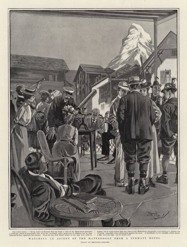 Oglądanie wejścia na Matterhorn z hotelu Zermatt (litografia) autorstwa Reginald Thomas Cleaver