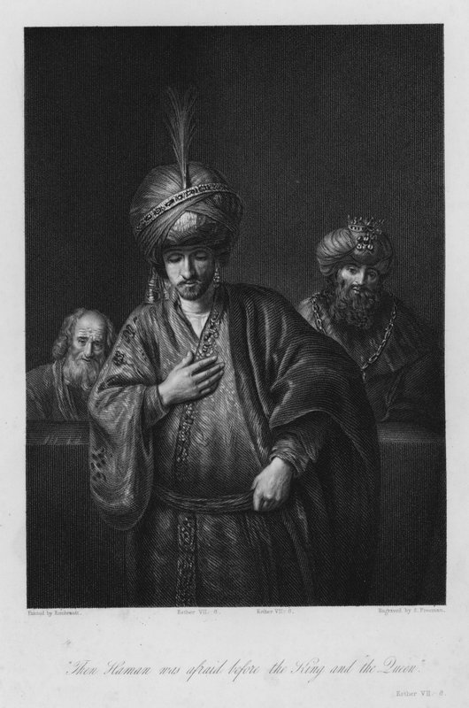 Potępienie Hamana, Estera VII, 6 (rycina) autorstwa Rembrandt Harmensz. van Rijn (after)