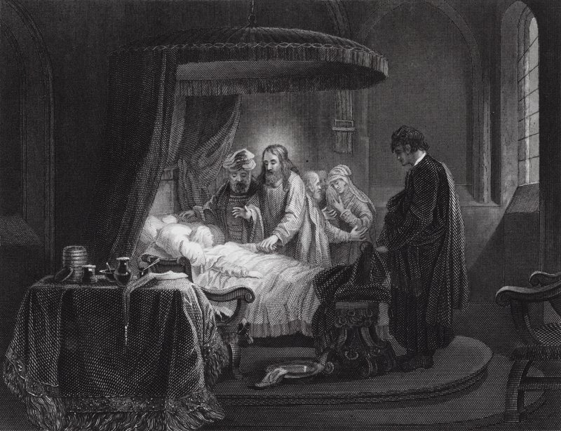 Wskrzeszenie córki Jaira, Marek, rozdz. V, w. 35, 42 (rycina) autorstwa Rembrandt Harmensz. van Rijn (after)