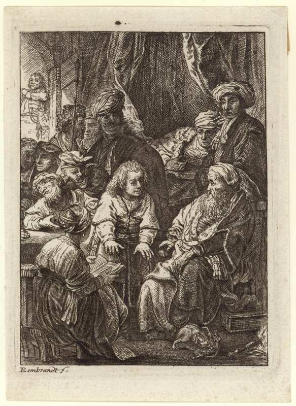 Tłum ludzi zebrał się wokół siedzącego starca autorstwa Rembrandt van Rijn