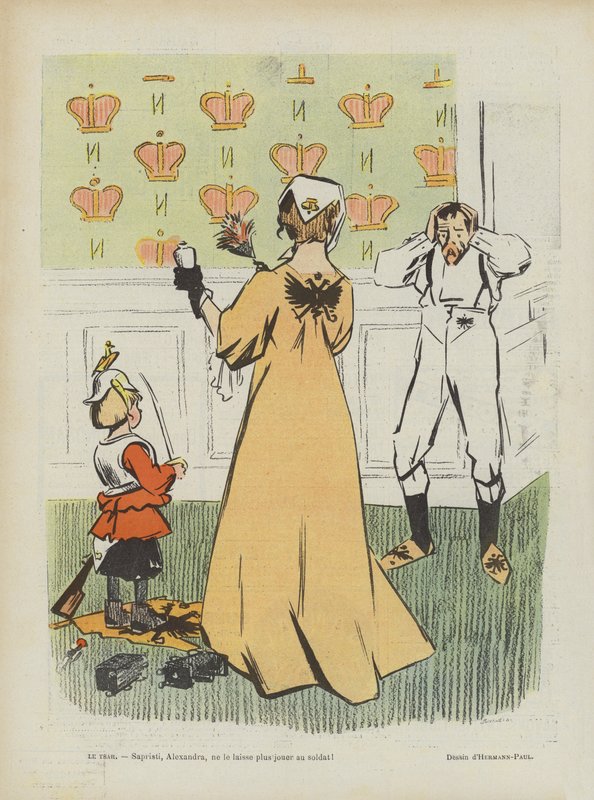 Satyra na porażkę Rosji w wojnie rosyjsko-japońskiej. ilustracja do Le Rire autorstwa Rene George Hermann Paul