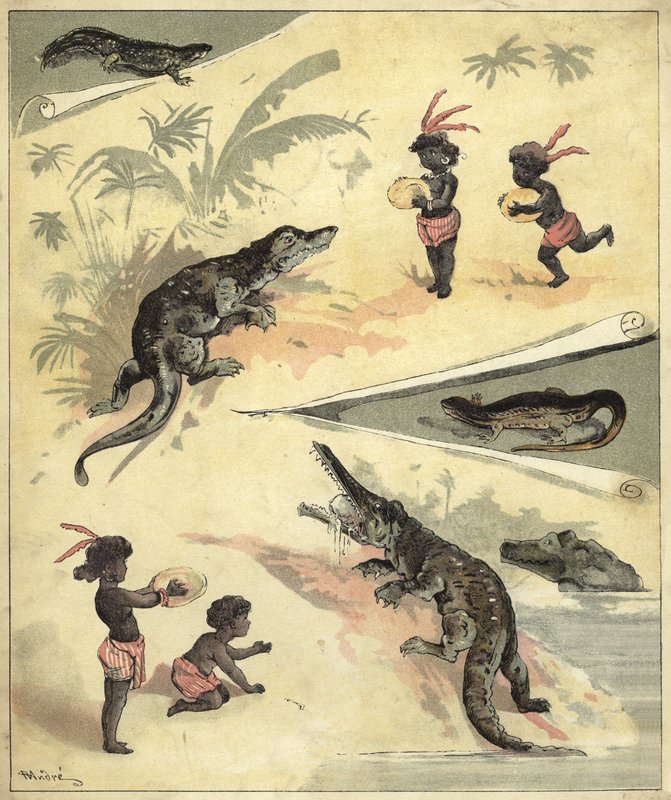 Afrykańskie dzieci bawiące się z krokodylami (chromolitho) autorstwa Richard Andre
