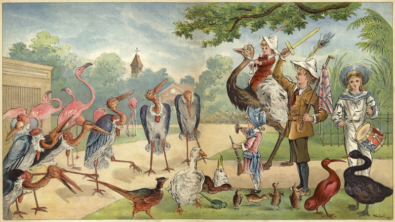 Dzieci przemawiające do ptaków w zoo (chromolitho) autorstwa Richard Andre