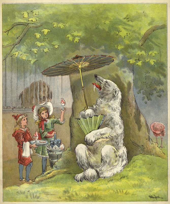 Niedźwiedź polarny karmiony lodami przez dzieci (chromolitho) autorstwa Richard Andre
