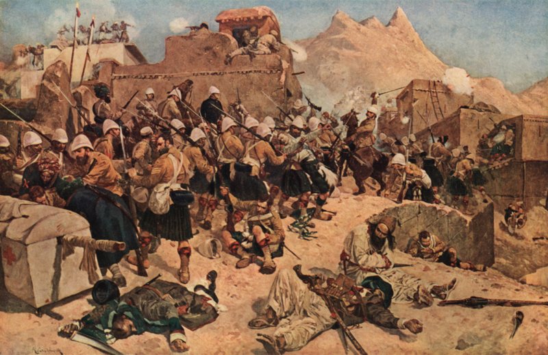 92. Górale i II Gurkhowie szturmują Gaudi Mułła Sahibdad w Kandaharze, Afganistan, 1880 autorstwa Richard Caton II Woodville