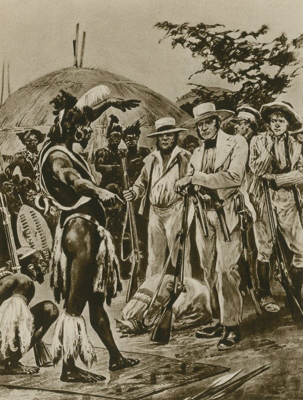Rozmowa z Zulusami we wczesnych latach Natala (wklęsłodruk) autorstwa Richard Caton Woodville junior