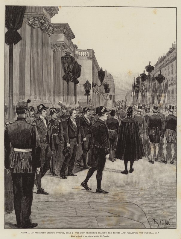 Pogrzeb prezydenta Carnota, niedziela, 1 lipca, nowy prezydent opuszcza Elysee i jedzie za samochodem pogrzebowym autorstwa Richard Caton Woodville junior