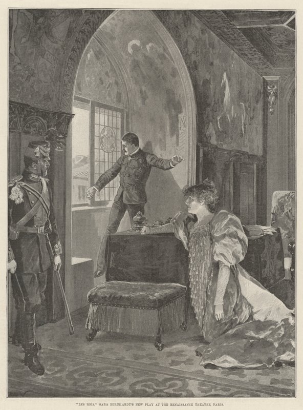 Les Rois, Nowa sztuka Sary Bernhardt w Teatrze Renesansowym w Paryżu autorstwa Richard Caton Woodville junior