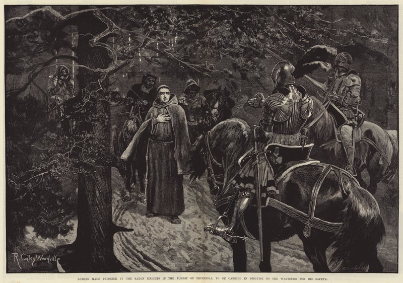 Luter został więźniem saskich rycerzy w Lesie Turyngii, aby w przebraniu został przewieziony do Wartburga dla jego bezpieczeństwa autorstwa Richard Caton Woodville junior