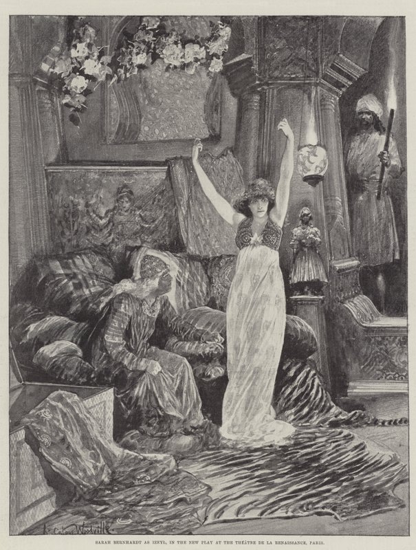 Sarah Bernhardt jako Izeyl w nowej sztuce w Theatre de la Renaissance w Paryżu autorstwa Richard Caton Woodville junior