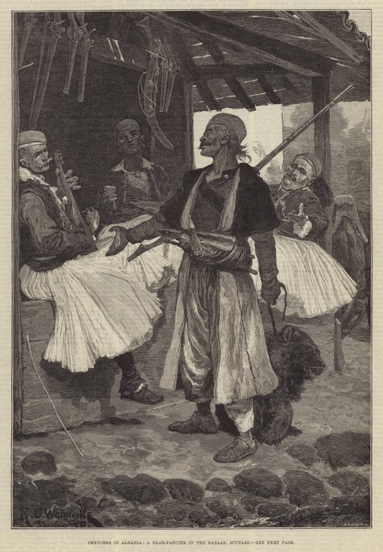 Szkice w Albanii, hodowca niedźwiedzi na bazarze, Scutari autorstwa Richard Caton Woodville junior