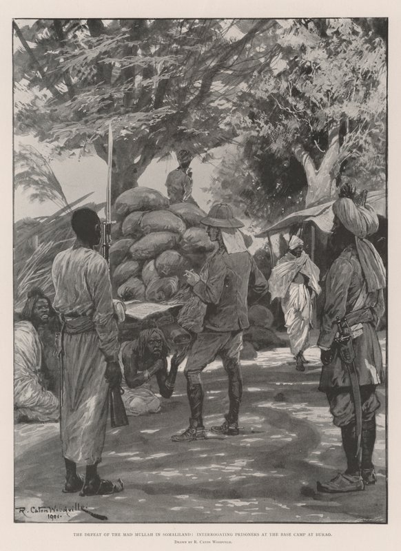 Pokonanie szalonego mułły w Somalilandzie, przesłuchiwanie więźniów w obozie w Burao autorstwa Richard Caton Woodville junior
