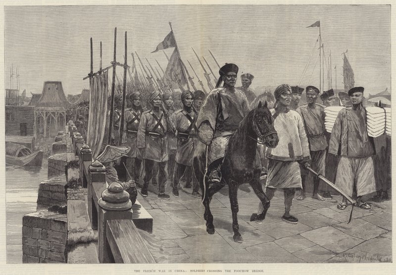 Wojna francuska w Chinach, żołnierze przechodzący przez most Foochow autorstwa Richard Caton Woodville junior