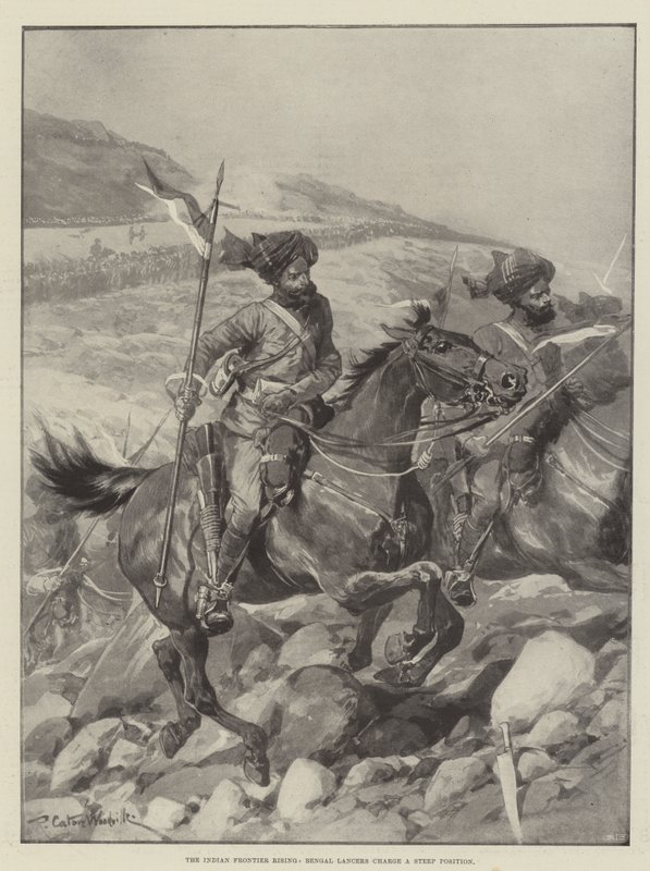 Indian Frontier Rising, bengalscy lansjerzy szarżują na stromą pozycję autorstwa Richard Caton Woodville junior