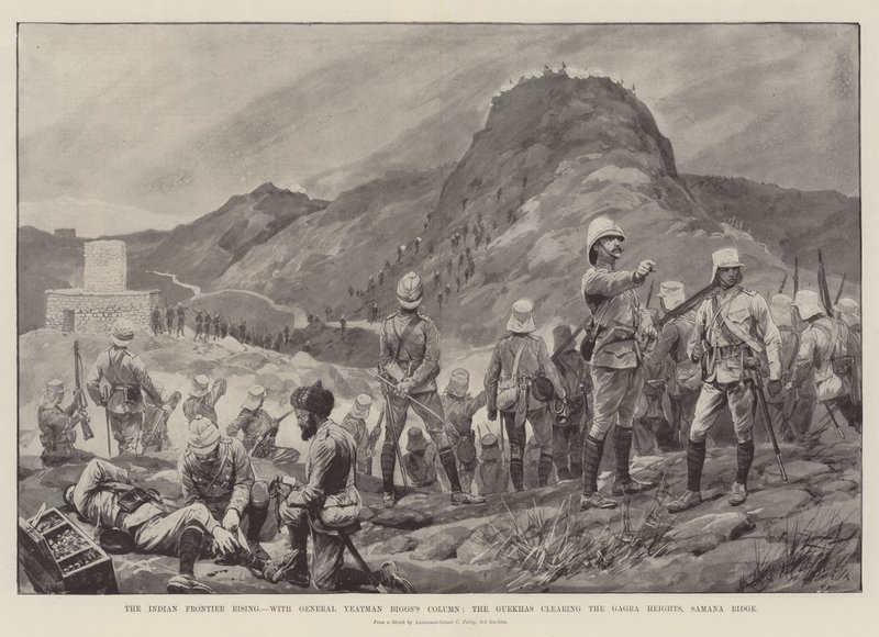 Indian Frontier Rising, z kolumną generała Yeatmana Biggsa, Gurkhowie oczyszczają wzgórza Gagra, Samana Ridge autorstwa Richard Caton Woodville junior