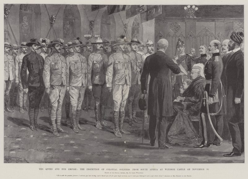 Królowa i jej imperium, inspekcja żołnierzy kolonialnych z Republiki Południowej Afryki w zamku Windsor w dniu 16 listopada autorstwa Richard Caton Woodville junior