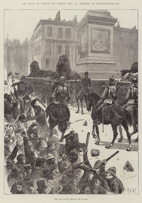 Zamieszki w Londynie w niedzielę 13 listopada, obrona Trafalgar-Square autorstwa Richard Caton Woodville junior
