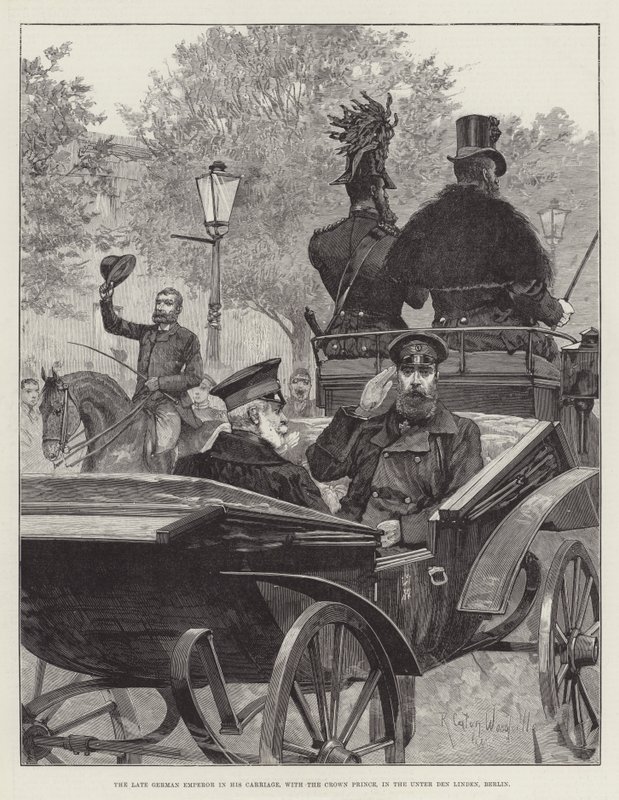 Cesarz Niemiec w powozie, z księciem koronnym, na Unter den Linden, Berlin autorstwa Richard Caton Woodville junior
