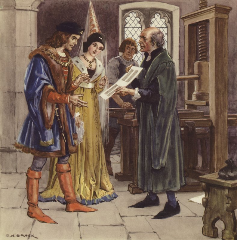 William Caxton pokazuje wydrukowaną stronę Edwardowi IV i jego królowej autorstwa Richard Henry Brock