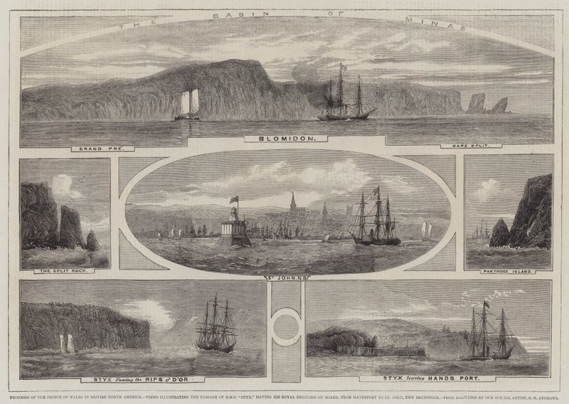 Postępy księcia Walii w brytyjskiej Ameryce Północnej, widoki ilustrujące przejście HMS Styx z Jego Królewską Wysokością na pokładzie z Handsport do St John, New Brunswick autorstwa Richard Principal Leitch
