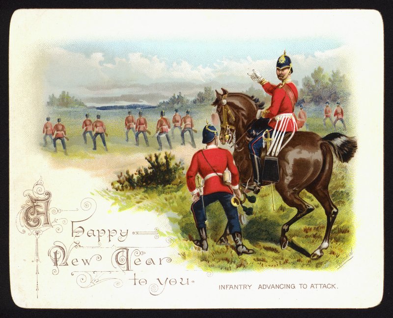 Piechota zbliża się do ataku, kartka z życzeniami noworocznymi (chromolitho) autorstwa Richard (after) Simkin