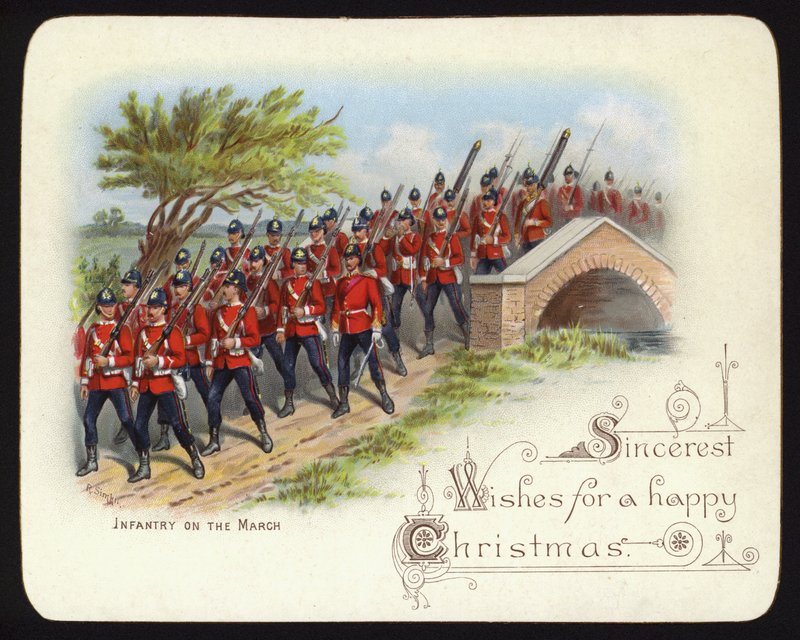Piechota w marszu, kartka z życzeniami bożonarodzeniowymi (chromolitho) autorstwa Richard (after) Simkin