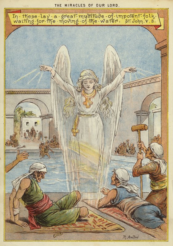 Cuda Chrystusa: chorzy oczekujący na ruch wody przez anioła (chromolitho) autorstwa Richard Andre