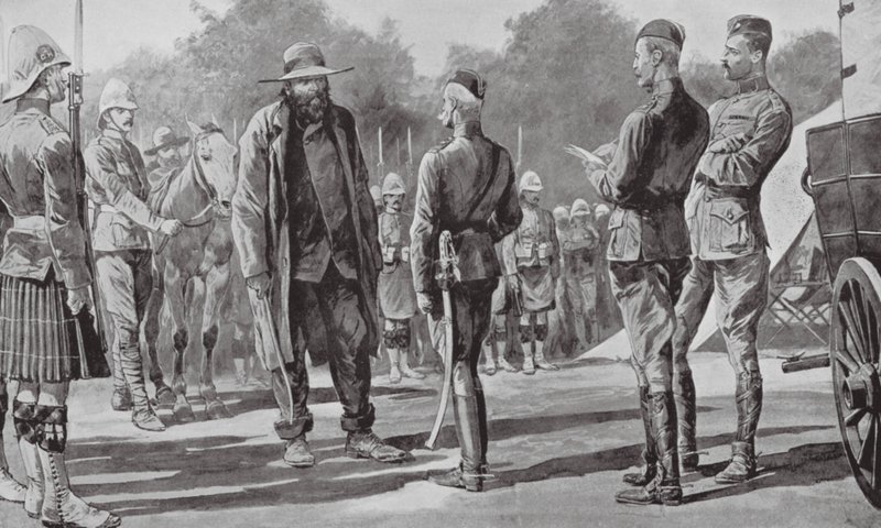 Komendant Cronje poddaje się lordowi Robertsowi (litografia) autorstwa Richard Caton II (after) Woodville