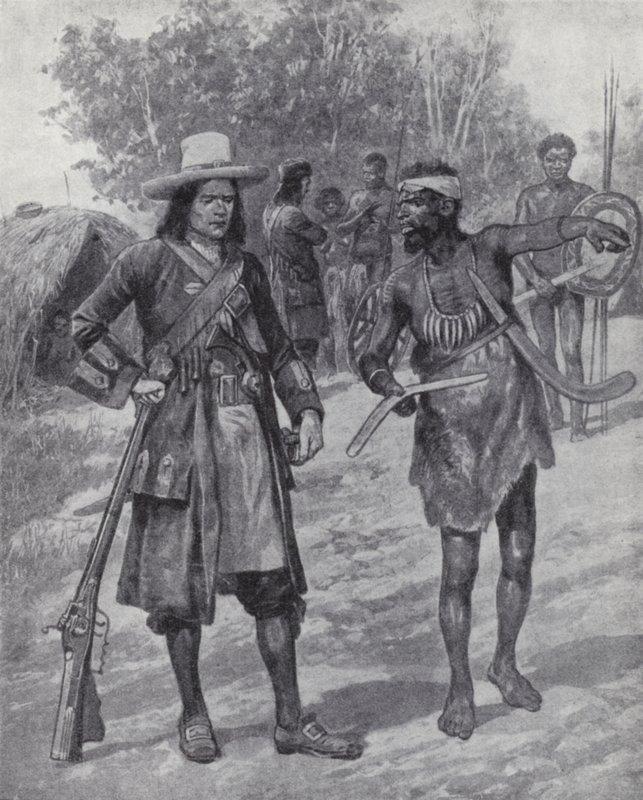 William Dampier z tubylcem podczas jego eksploracji Australii, koniec XVII wieku (lito) autorstwa Richard Caton II (after) Woodville