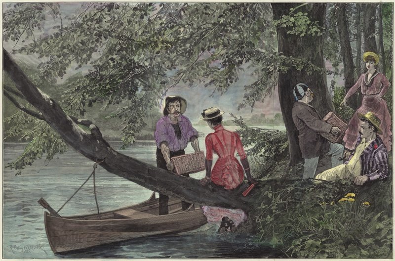 Piknik nad rzeką (kolorowy grawerunek) autorstwa Richard Caton Woodville junior