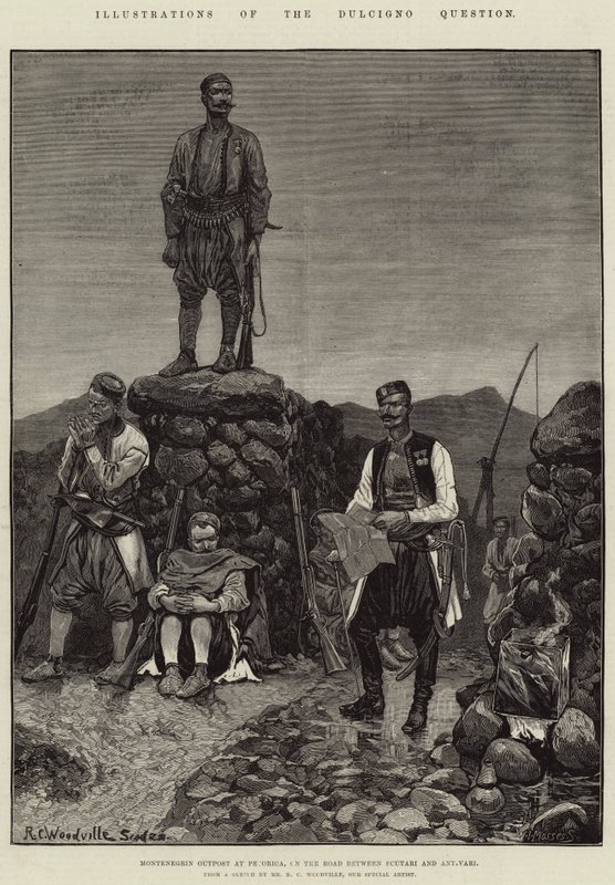 Ilustracje pytania Dulcigno, czarnogórska placówka w Pecorica, na drodze między Scutari i Antivari autorstwa Richard Caton Woodville junior