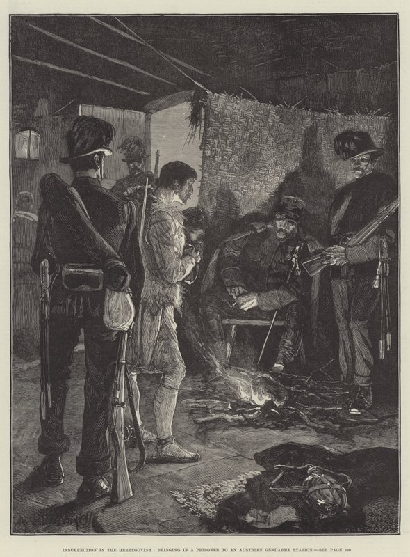 Powstanie w Hercegowinie, sprowadzenie więźnia do austriackiego posterunku żandarmerii autorstwa Richard Caton Woodville junior