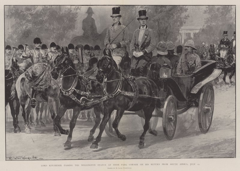 Lord Kitchener przechodzący obok statuy Wellingtona w Hyde Park Corner po powrocie z RPA, 12 lipca autorstwa Richard Caton Woodville junior