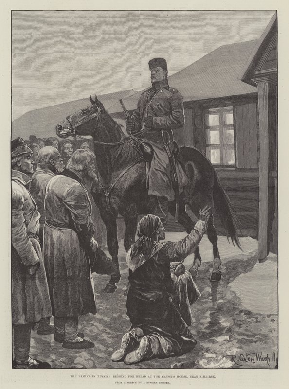 Głód w Rosji, żebranie o chleb w domu burmistrza, niedaleko Simbirska autorstwa Richard Caton Woodville junior