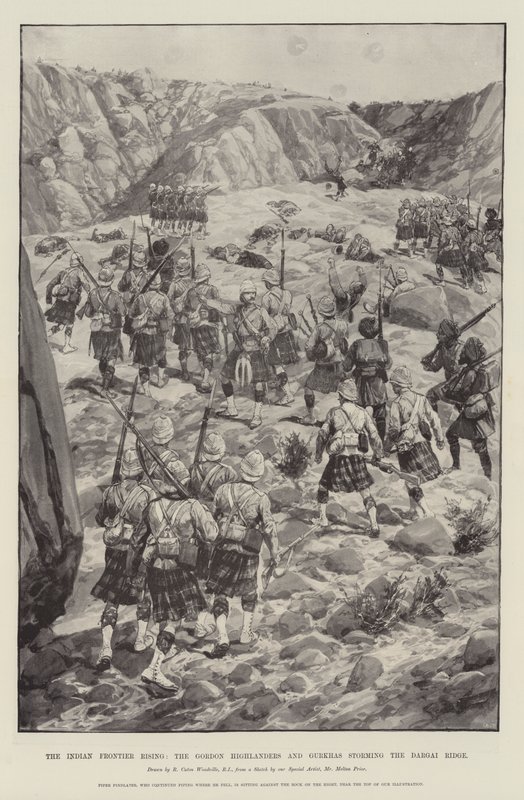 Powstanie na indyjskiej granicy, Gordon Highlanders i Gurkhas szturmują Dargai Ridge autorstwa Richard Caton Woodville junior