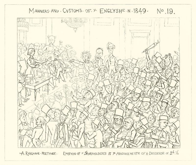 1849, Zebranie kolejowe, Wzruszenie wspólników przy ogłoszeniu dywidendy dwuipółpensowej” autorstwa Richard Doyle