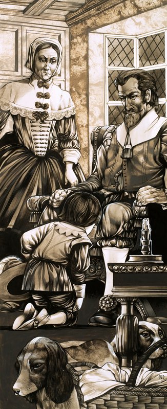 XVII-wieczny chłopiec klęczy przed ojcem w geście skruchy (gwasz na papierze) autorstwa Richard Hook