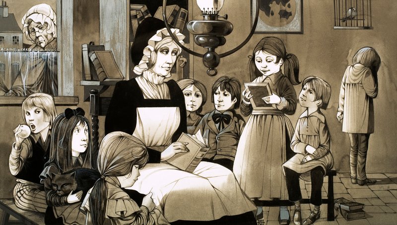 "Szkoła Dame" z lat trzydziestych XIX wieku (gwasz na papierze) autorstwa Richard Hook