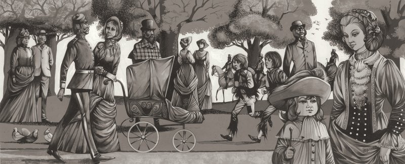 Hyde Park w latach osiemdziesiątych XIX wieku (gwasz na papierze) autorstwa Richard Hook