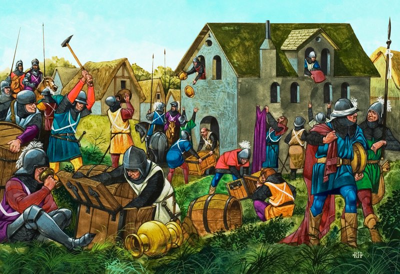 Średniowieczni żołnierze plądrujący i grabiący autorstwa Richard Hook