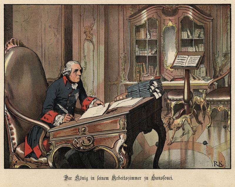 Król Prus Fryderyk Wielki w swoim gabinecie w Sanssouci autorstwa Richard Knoetel