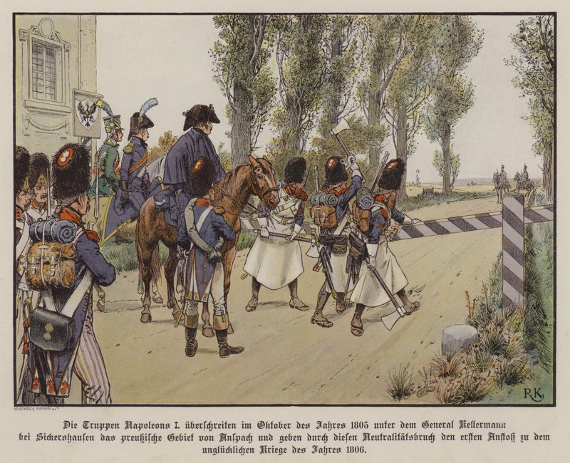 Wojska francuskie pod dowództwem generała Kellermanna przekraczają granicę na terytorium pruskie w Sickershausen, październik 1805 (kolor lito) autorstwa Richard Knotel