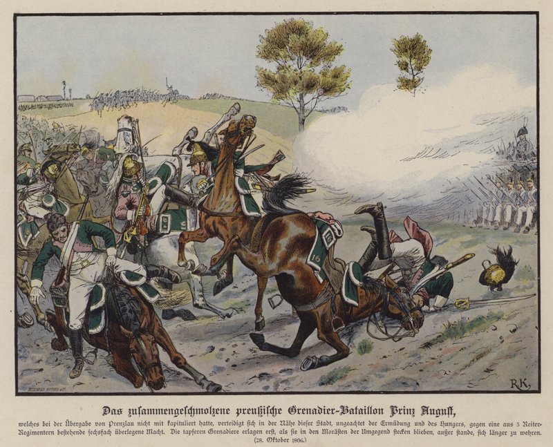 Batalion Grenadierów księcia pruskiego Augusta w bitwie pod Prenzlau, 28 października 1806 r. (zdjęcie kolorowe) autorstwa Richard Knotel