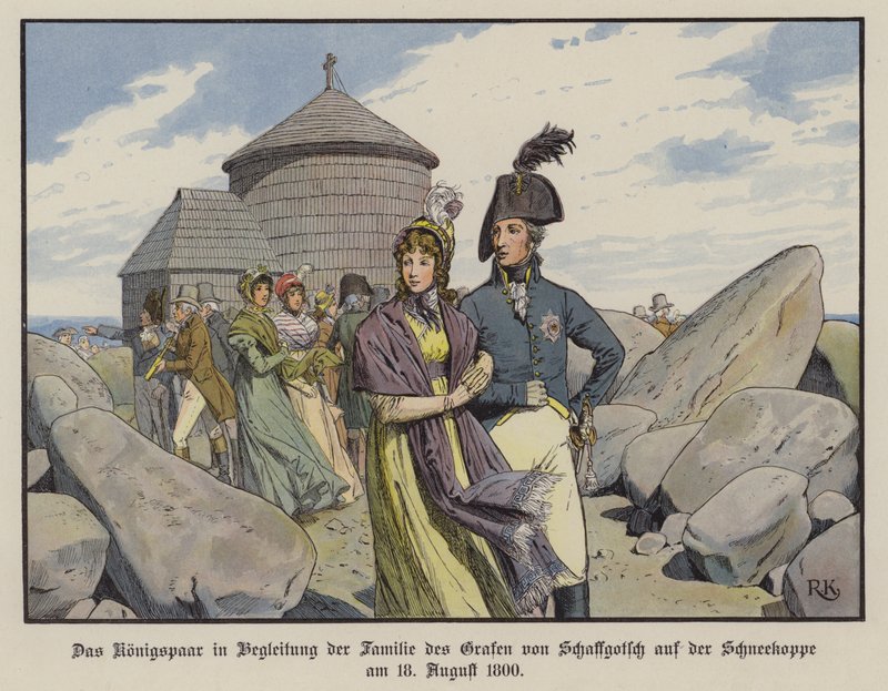 Król Fryderyk Wilhelm III i królowa Ludwika Pruska w towarzystwie rodziny hrabiego von Schaffgotsch na Schneekoppe, sierpień 1800 (kolor lito) autorstwa Richard Knotel