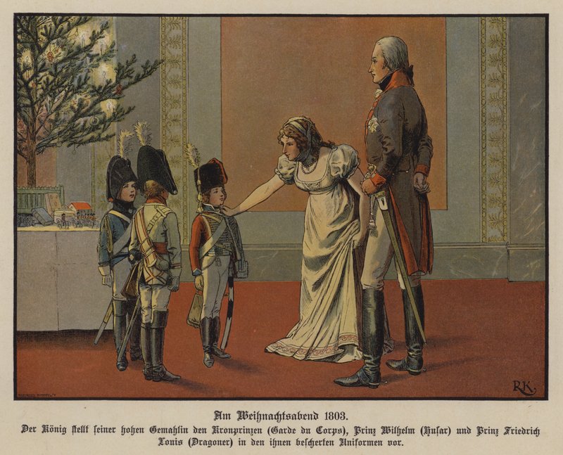 Król Fryderyk Wilhelm III i królowa Ludwika Pruska z księciem koronnym Fryderykiem Wilhelmem, księciem Wilhelmem i księciem Fryderykiem Ludwikiem ubranymi w mundury wojskowe, Wigilia autorstwa Richard Knotel