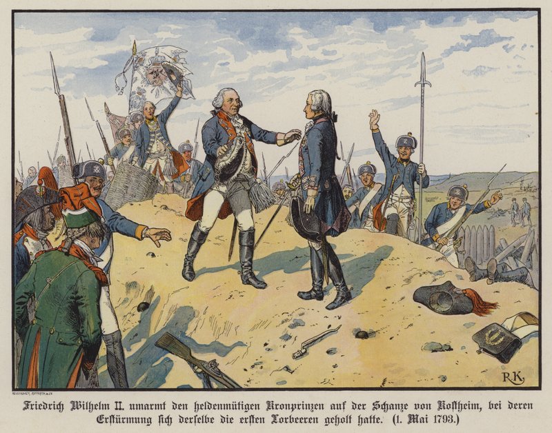 Król pruski Fryderyk Wilhelm II obejmujący swojego bohaterskiego syna, księcia Fryderyka Wilhelma, na wzgórzu Kostheim autorstwa Richard Knotel