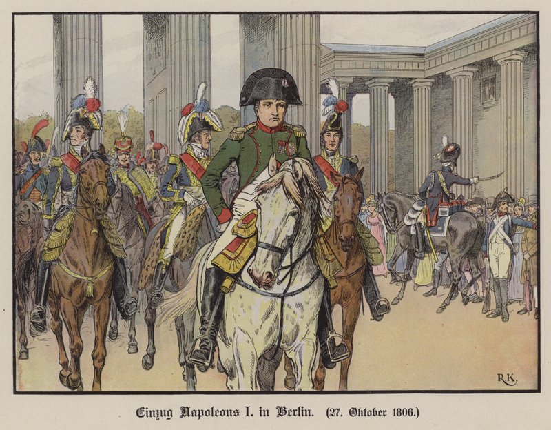 Napoleon wjeżdżający do Berlina, 27 października 1806 (kolor lito) autorstwa Richard Knotel