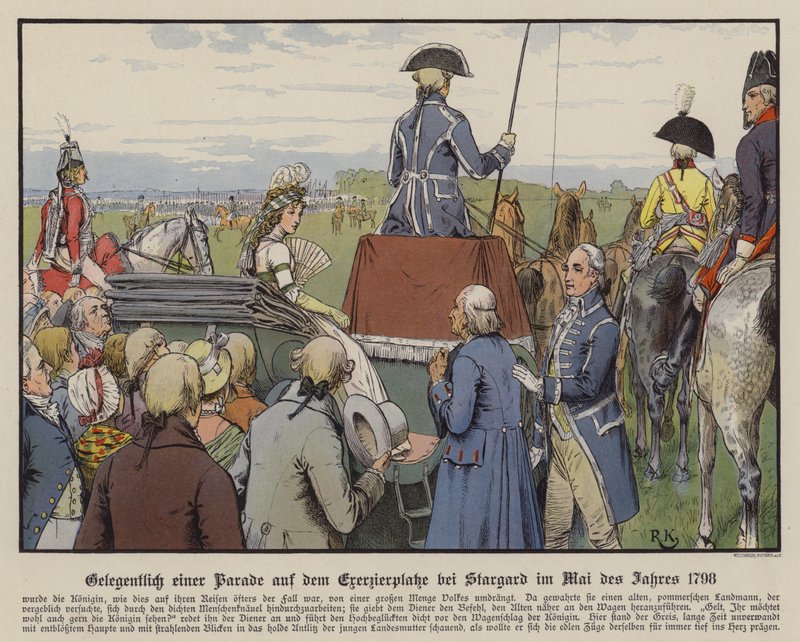 Królowa Ludwika Pruska na defiladzie na placu apelowym w Stargardzie, maj 1798 (kolor lito) autorstwa Richard Knotel